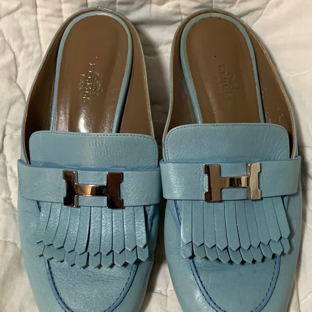 Hermes Baby Blue Leather Fringe H-Buckle Mules